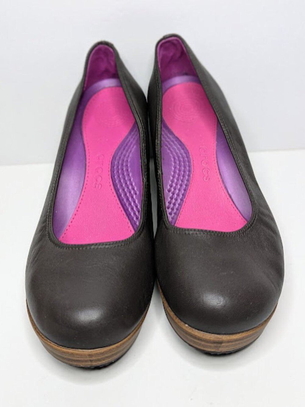 Crocs A-Leigh Brown Leather Wedge Heels Size 7